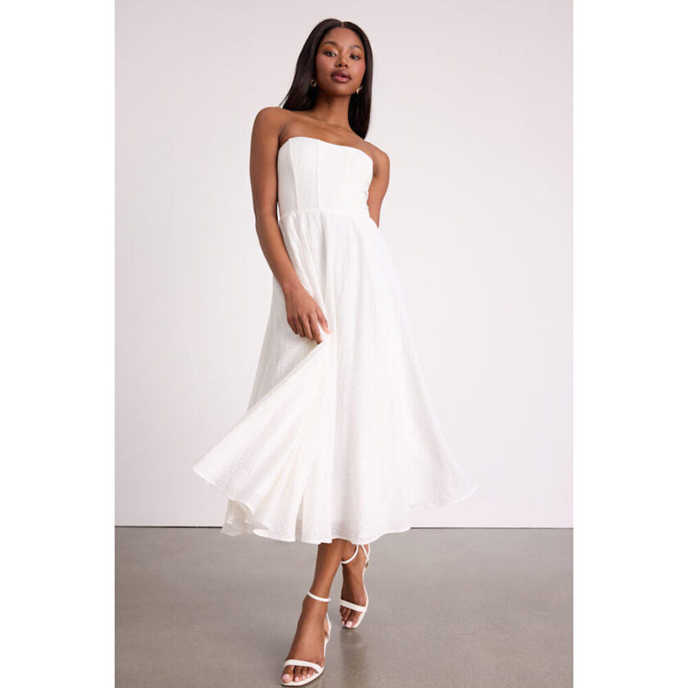 Lulus Pomelo White Textured Bustier Skater Midi Dress